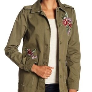 Sebby Collection Womens Floral Embroidered Military Utility Jacket Olive Green M